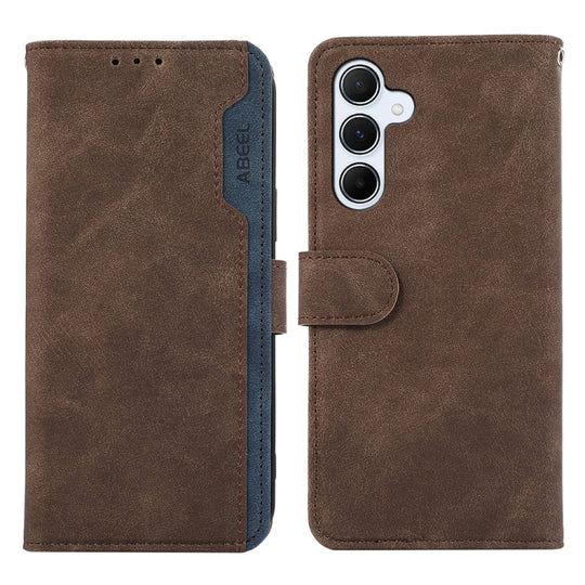 For Samsung Galaxy A56 5G ABEEL Color Block Magnetic RFID Leather Phone Case(Brown-Blue)