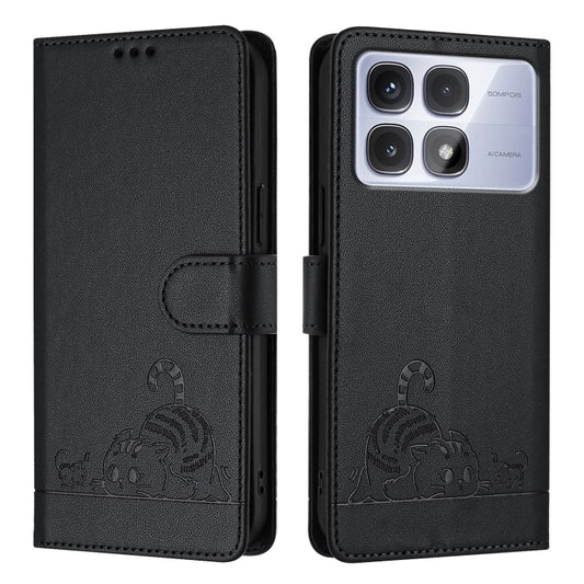 For Redmi K70 Ultra 5G Global Cat Rat Embossed Pattern RFID Leather Phone Case with Lanyard(Black) by buy2fix