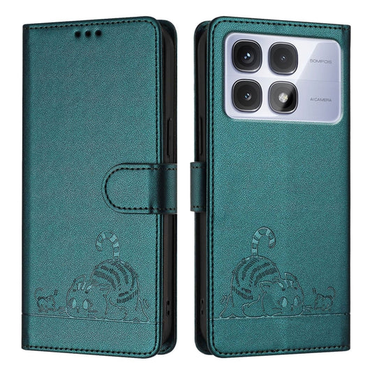 For Redmi K70 Ultra 5G Global Cat Rat Embossed Pattern RFID Leather Phone Case with Lanyard(Peacock Green) by buy2fix