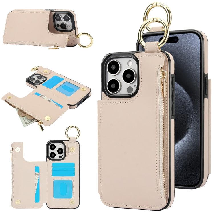 For iPhone 15 Pro Max RFlD Anti-theft Double Buckle Ring Zipper Card Phone Case(White) - iPhone 15 Pro Max Cases by buy2fix | Online Shopping UK | buy2fix