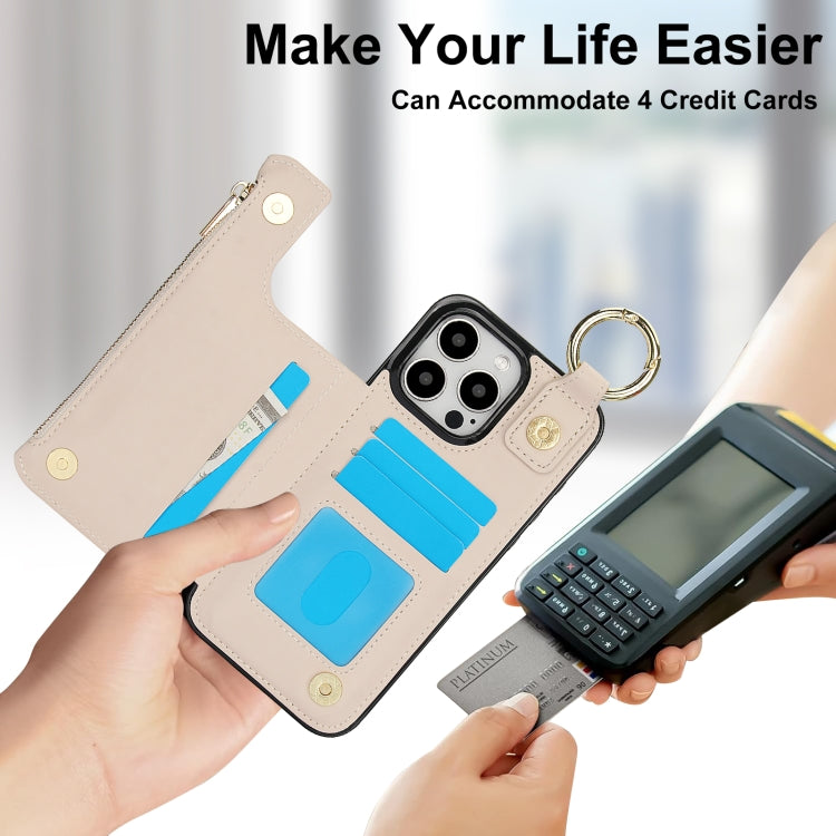 For iPhone 15 Pro Max RFlD Anti-theft Double Buckle Ring Zipper Card Phone Case(White) - iPhone 15 Pro Max Cases by buy2fix | Online Shopping UK | buy2fix