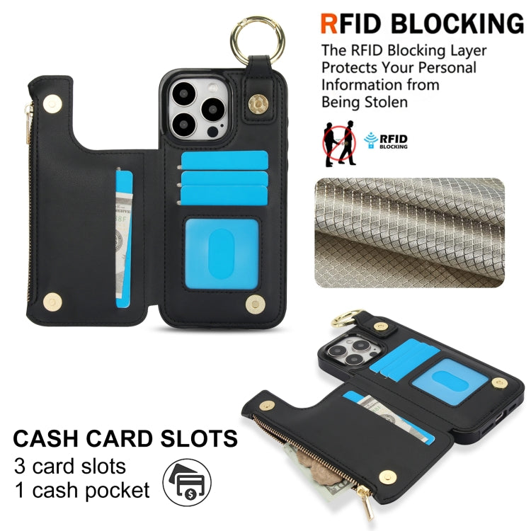 For iPhone 15 Pro Max RFlD Anti-theft Double Buckle Ring Zipper Card Phone Case(Black) - iPhone 15 Pro Max Cases by buy2fix | Online Shopping UK | buy2fix