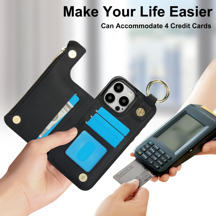 For iPhone 15 Pro Max RFlD Anti-theft Double Buckle Ring Zipper Card Phone Case(Black) - iPhone 15 Pro Max Cases by buy2fix | Online Shopping UK | buy2fix