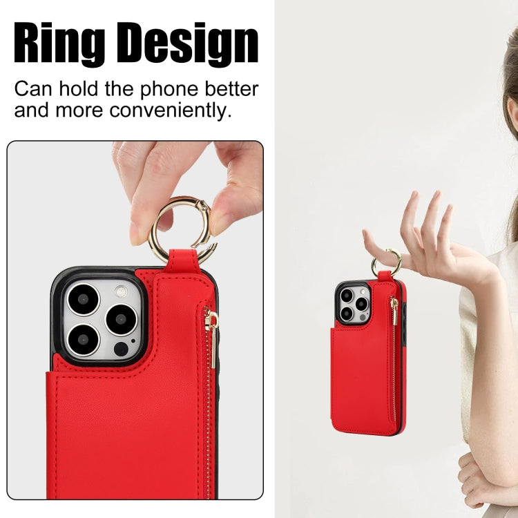For iPhone 15 Pro Max RFlD Anti-theft Double Buckle Ring Zipper Card Phone Case(Red) - iPhone 15 Pro Max Cases by buy2fix | Online Shopping UK | buy2fix