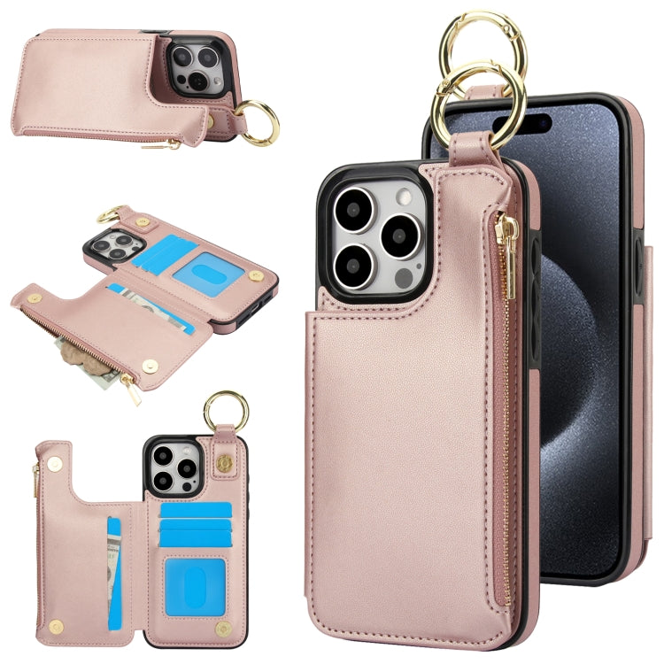 For iPhone 15 Pro Max RFlD Anti-theft Double Buckle Ring Zipper Card Phone Case(Rose Gold) - iPhone 15 Pro Max Cases by buy2fix | Online Shopping UK | buy2fix