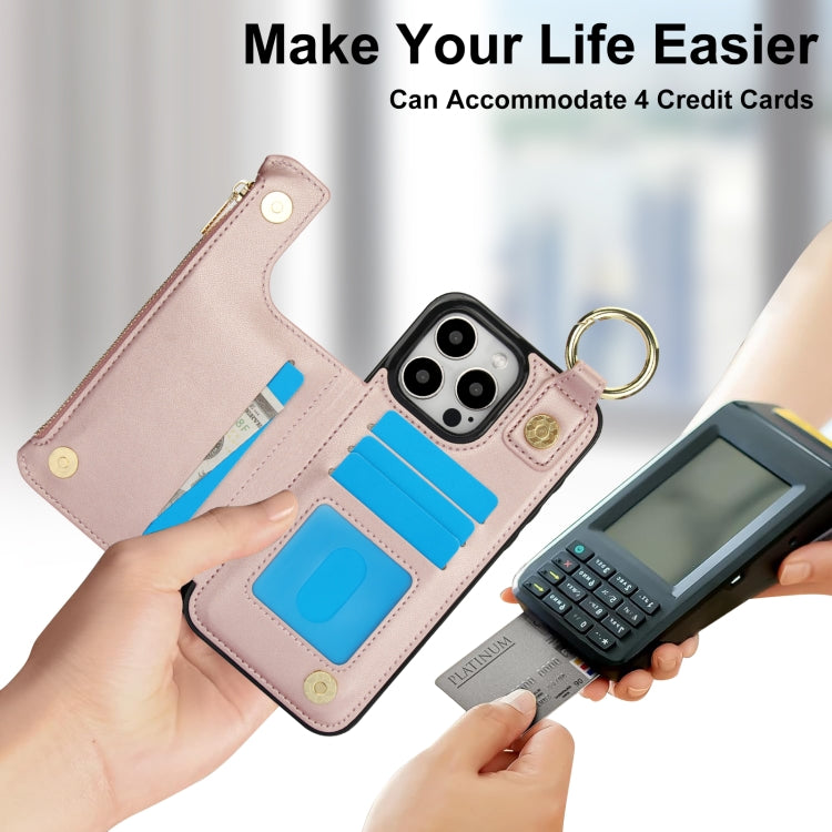For iPhone 15 Pro Max RFlD Anti-theft Double Buckle Ring Zipper Card Phone Case(Rose Gold) - iPhone 15 Pro Max Cases by buy2fix | Online Shopping UK | buy2fix