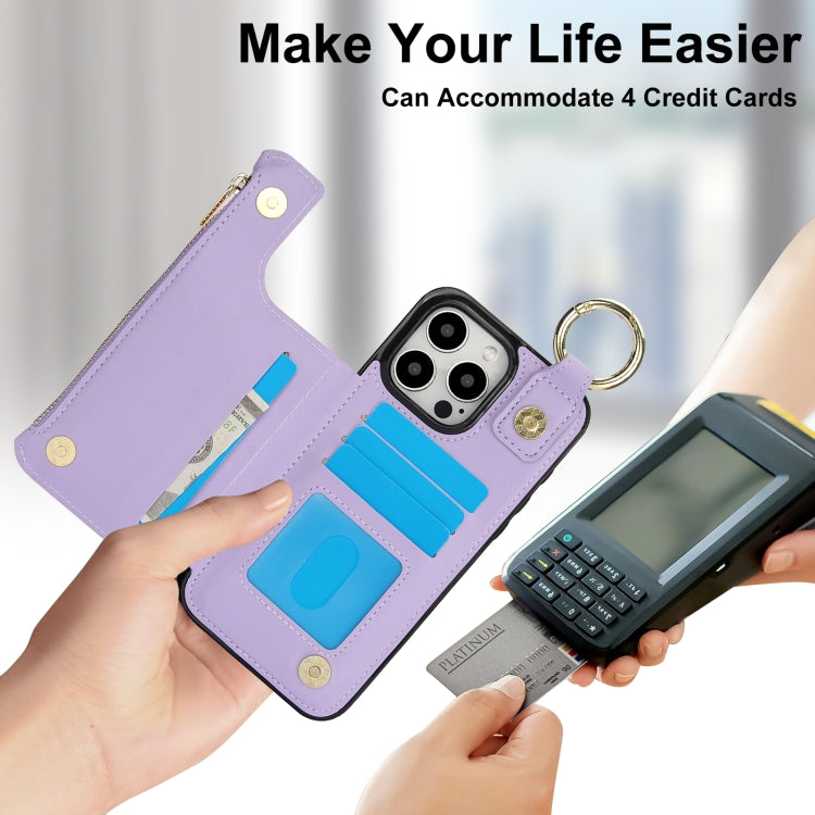 For iPhone 15 Pro Max RFlD Anti-theft Double Buckle Ring Zipper Card Phone Case(Purple) - iPhone 15 Pro Max Cases by buy2fix | Online Shopping UK | buy2fix
