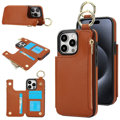 For iPhone 15 Pro Max RFlD Anti-theft Double Buckle Ring Zipper Card Phone Case(Brown) - iPhone 15 Pro Max Cases by buy2fix | Online Shopping UK | buy2fix