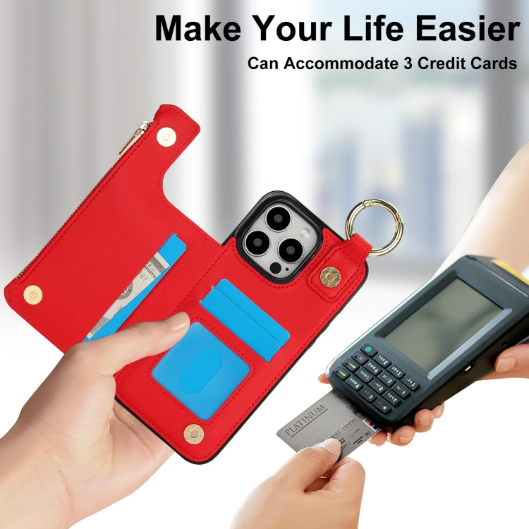 For iPhone 15 Pro RFlD Anti-theft Double Buckle Ring Zipper Card Phone Case(Red) - iPhone 15 Pro Cases by buy2fix | Online Shopping UK | buy2fix