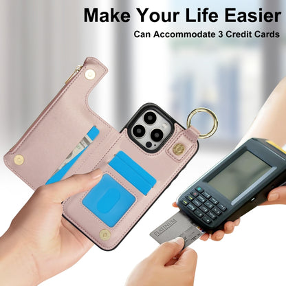 For iPhone 15 Pro RFlD Anti-theft Double Buckle Ring Zipper Card Phone Case(Rose Gold) - iPhone 15 Pro Cases by buy2fix | Online Shopping UK | buy2fix