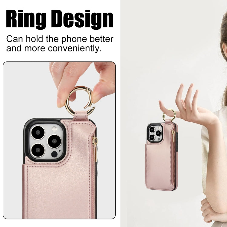 For iPhone 15 Pro RFlD Anti-theft Double Buckle Ring Zipper Card Phone Case(Rose Gold) - iPhone 15 Pro Cases by buy2fix | Online Shopping UK | buy2fix