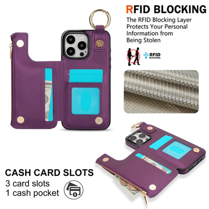 For iPhone 15 Pro RFlD Anti-theft Double Buckle Ring Zipper Card Phone Case(Dark Purple) - iPhone 15 Pro Cases by buy2fix | Online Shopping UK | buy2fix