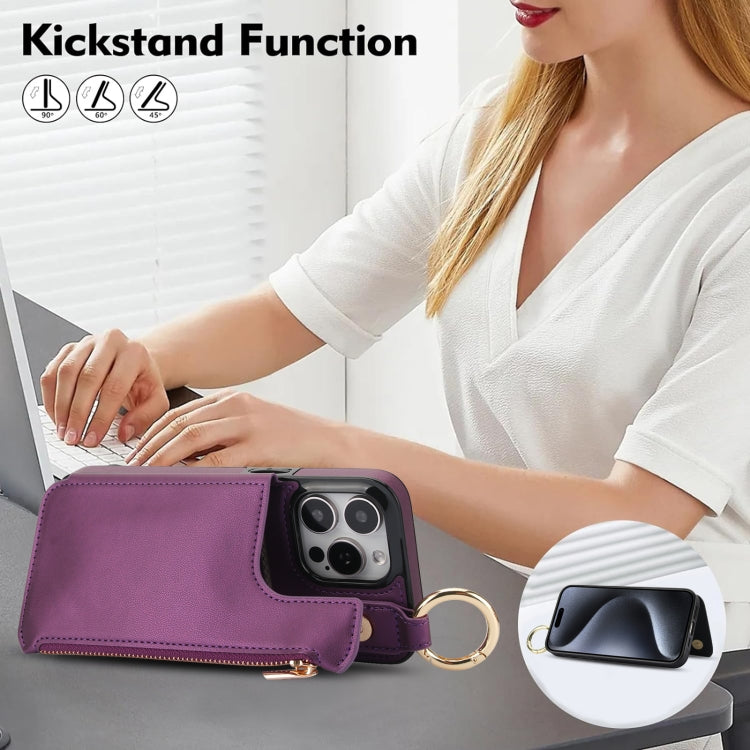 For iPhone 15 Pro RFlD Anti-theft Double Buckle Ring Zipper Card Phone Case(Dark Purple) - iPhone 15 Pro Cases by buy2fix | Online Shopping UK | buy2fix
