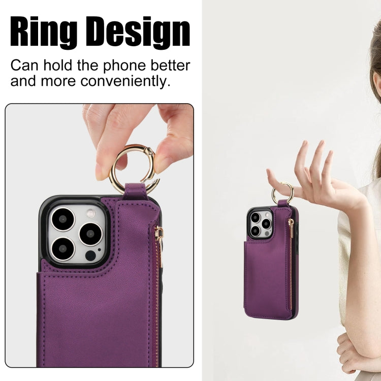 For iPhone 15 Pro RFlD Anti-theft Double Buckle Ring Zipper Card Phone Case(Dark Purple) - iPhone 15 Pro Cases by buy2fix | Online Shopping UK | buy2fix