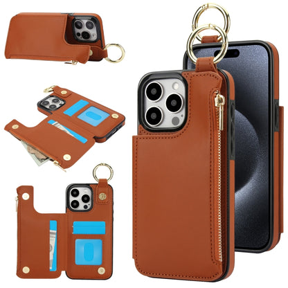 For iPhone 15 Pro RFlD Anti-theft Double Buckle Ring Zipper Card Phone Case(Brown) - iPhone 15 Pro Cases by buy2fix | Online Shopping UK | buy2fix