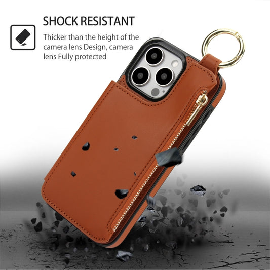 For iPhone 15 Pro RFlD Anti-theft Double Buckle Ring Zipper Card Phone Case(Brown) - iPhone 15 Pro Cases by buy2fix | Online Shopping UK | buy2fix
