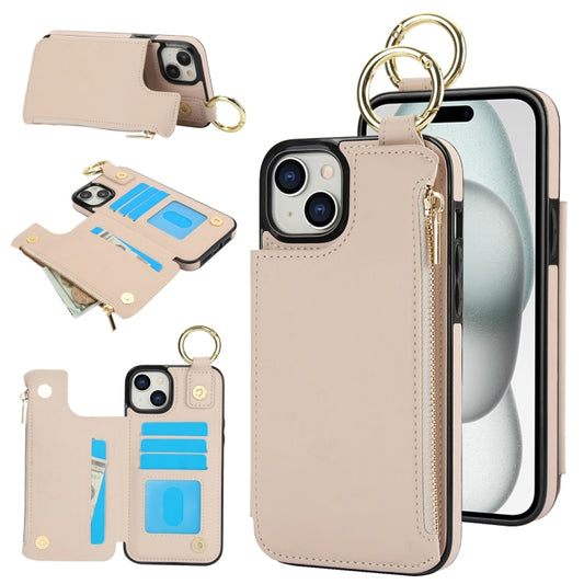For iPhone 15 Plus RFlD Anti-theft Double Buckle Ring Zipper Card Phone Case(White) - iPhone 15 Plus Cases by buy2fix | Online Shopping UK | buy2fix