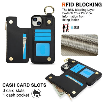For iPhone 15 Plus RFlD Anti-theft Double Buckle Ring Zipper Card Phone Case(Black) - iPhone 15 Plus Cases by buy2fix | Online Shopping UK | buy2fix