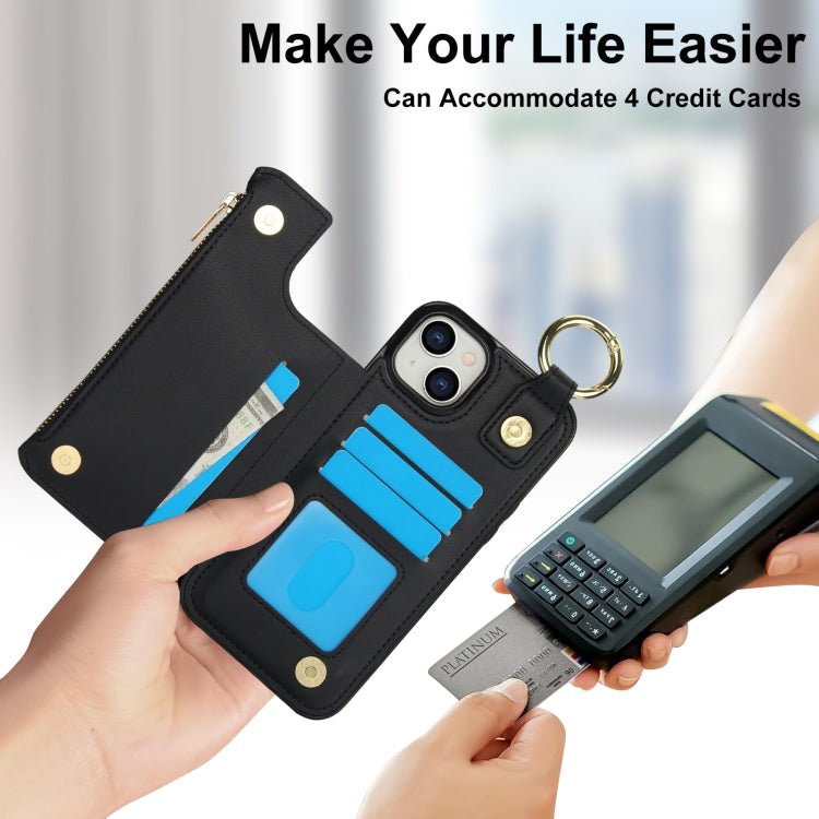 For iPhone 15 Plus RFlD Anti-theft Double Buckle Ring Zipper Card Phone Case(Black) - iPhone 15 Plus Cases by buy2fix | Online Shopping UK | buy2fix