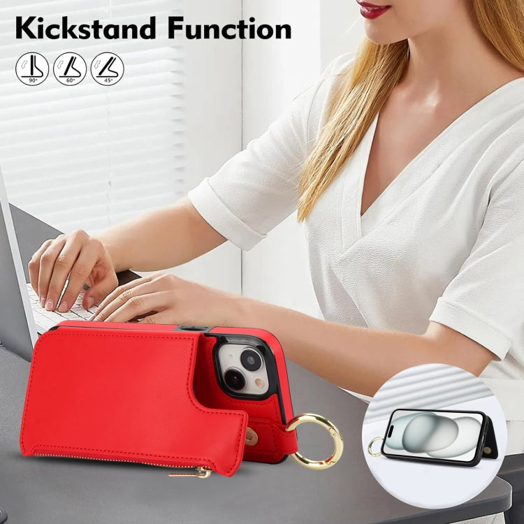 For iPhone 15 Plus RFlD Anti-theft Double Buckle Ring Zipper Card Phone Case(Red) - iPhone 15 Plus Cases by buy2fix | Online Shopping UK | buy2fix