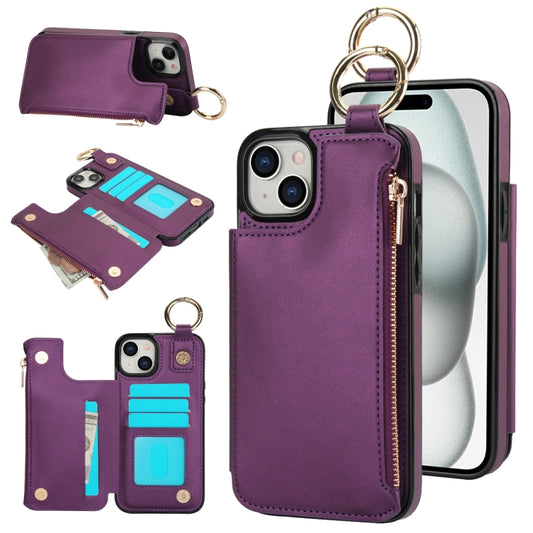 For iPhone 15 Plus RFlD Anti-theft Double Buckle Ring Zipper Card Phone Case(Dark Purple) - iPhone 15 Plus Cases by buy2fix | Online Shopping UK | buy2fix