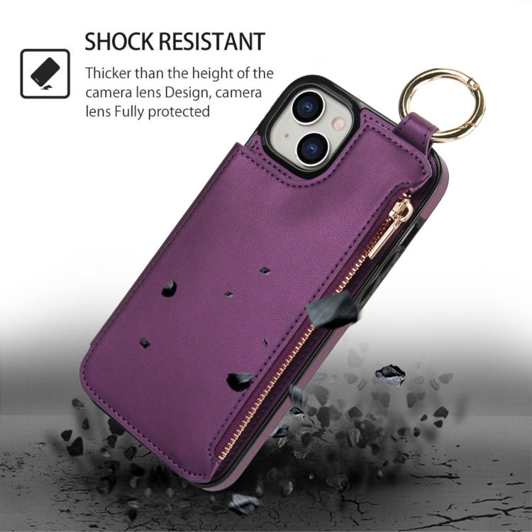 For iPhone 15 Plus RFlD Anti-theft Double Buckle Ring Zipper Card Phone Case(Dark Purple) - iPhone 15 Plus Cases by buy2fix | Online Shopping UK | buy2fix