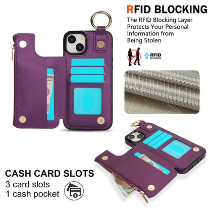 For iPhone 15 Plus RFlD Anti-theft Double Buckle Ring Zipper Card Phone Case(Dark Purple) - iPhone 15 Plus Cases by buy2fix | Online Shopping UK | buy2fix