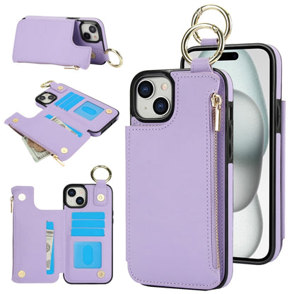 For iPhone 15 Plus RFlD Anti-theft Double Buckle Ring Zipper Card Phone Case(Purple) - iPhone 15 Plus Cases by buy2fix | Online Shopping UK | buy2fix