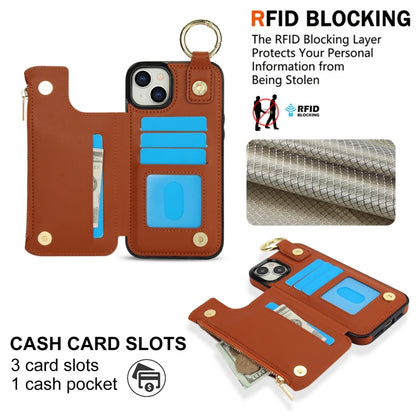 For iPhone 15 Plus RFlD Anti-theft Double Buckle Ring Zipper Card Phone Case(Brown) - iPhone 15 Plus Cases by buy2fix | Online Shopping UK | buy2fix