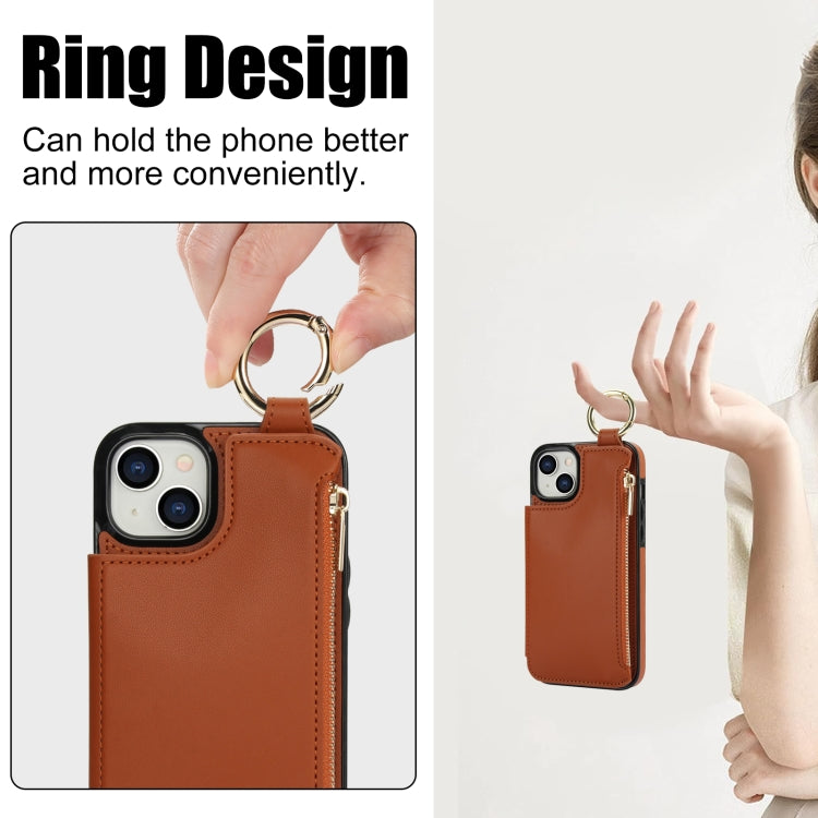 For iPhone 15 Plus RFlD Anti-theft Double Buckle Ring Zipper Card Phone Case(Brown) - iPhone 15 Plus Cases by buy2fix | Online Shopping UK | buy2fix