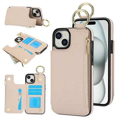 For iPhone 15 RFlD Anti-theft Double Buckle Ring Zipper Card Phone Case(White) - iPhone 15 Cases by buy2fix | Online Shopping UK | buy2fix