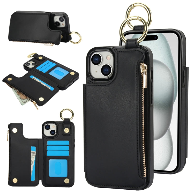 For iPhone 15 RFlD Anti-theft Double Buckle Ring Zipper Card Phone Case(Black) - iPhone 15 Cases by buy2fix | Online Shopping UK | buy2fix