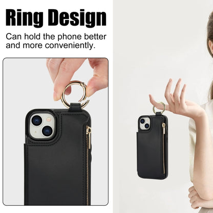 For iPhone 15 RFlD Anti-theft Double Buckle Ring Zipper Card Phone Case(Black) - iPhone 15 Cases by buy2fix | Online Shopping UK | buy2fix