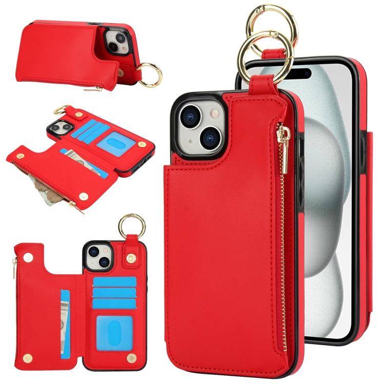 For iPhone 15 RFlD Anti-theft Double Buckle Ring Zipper Card Phone Case(Red) - iPhone 15 Cases by buy2fix | Online Shopping UK | buy2fix
