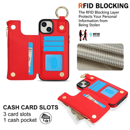 For iPhone 15 RFlD Anti-theft Double Buckle Ring Zipper Card Phone Case(Red) - iPhone 15 Cases by buy2fix | Online Shopping UK | buy2fix