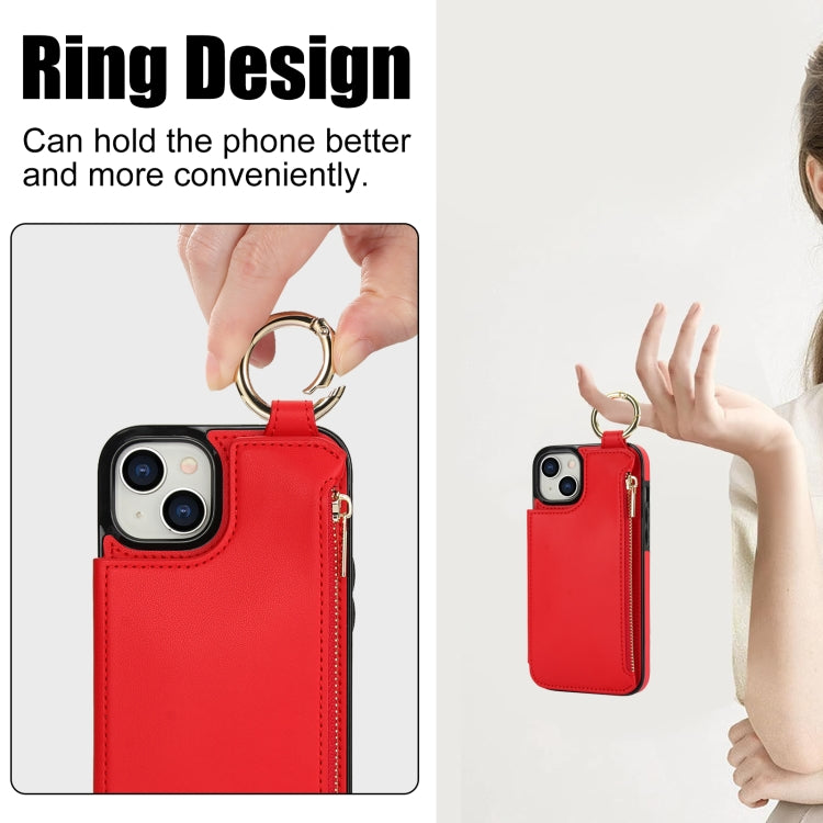 For iPhone 15 RFlD Anti-theft Double Buckle Ring Zipper Card Phone Case(Red) - iPhone 15 Cases by buy2fix | Online Shopping UK | buy2fix