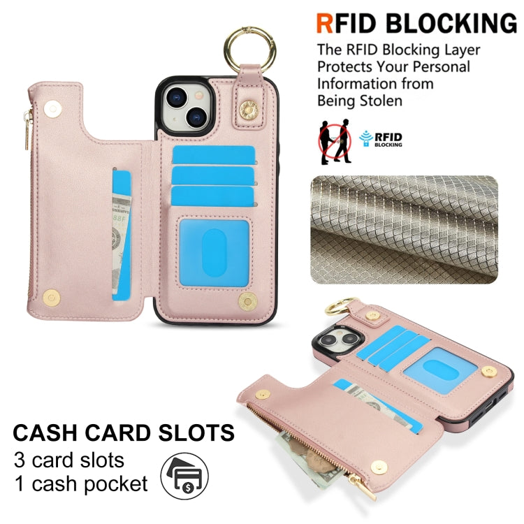 For iPhone 15 RFlD Anti-theft Double Buckle Ring Zipper Card Phone Case(Rose Gold) - iPhone 15 Cases by buy2fix | Online Shopping UK | buy2fix