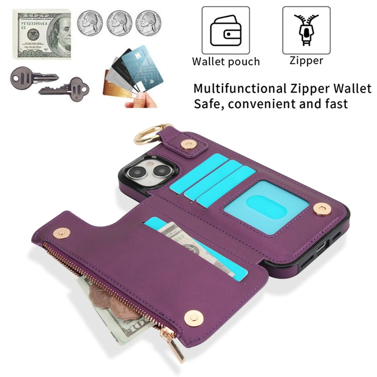 For iPhone 15 RFlD Anti-theft Double Buckle Ring Zipper Card Phone Case(Dark Purple) - iPhone 15 Cases by buy2fix | Online Shopping UK | buy2fix