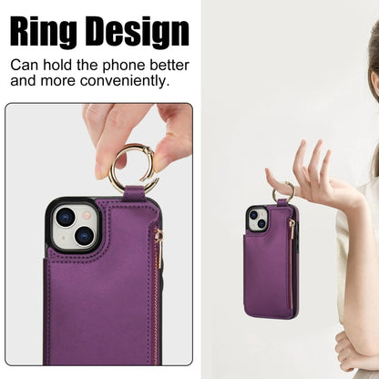 For iPhone 15 RFlD Anti-theft Double Buckle Ring Zipper Card Phone Case(Dark Purple) - iPhone 15 Cases by buy2fix | Online Shopping UK | buy2fix