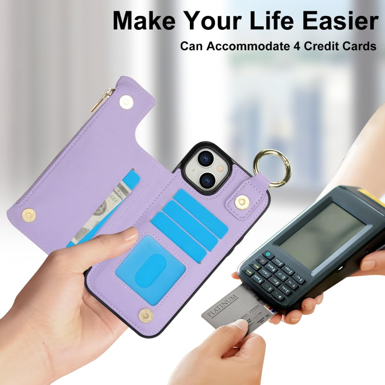 For iPhone 15 RFlD Anti-theft Double Buckle Ring Zipper Card Phone Case(Purple) - iPhone 15 Cases by buy2fix | Online Shopping UK | buy2fix