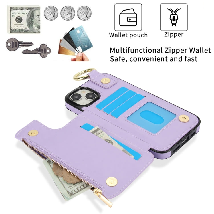 For iPhone 15 RFlD Anti-theft Double Buckle Ring Zipper Card Phone Case(Purple) - iPhone 15 Cases by buy2fix | Online Shopping UK | buy2fix