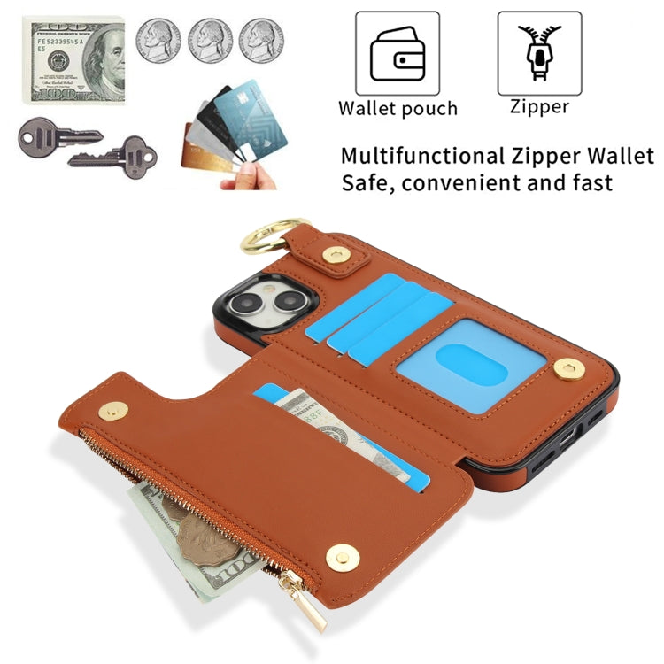 For iPhone 15 RFlD Anti-theft Double Buckle Ring Zipper Card Phone Case(Brown) - iPhone 15 Cases by buy2fix | Online Shopping UK | buy2fix