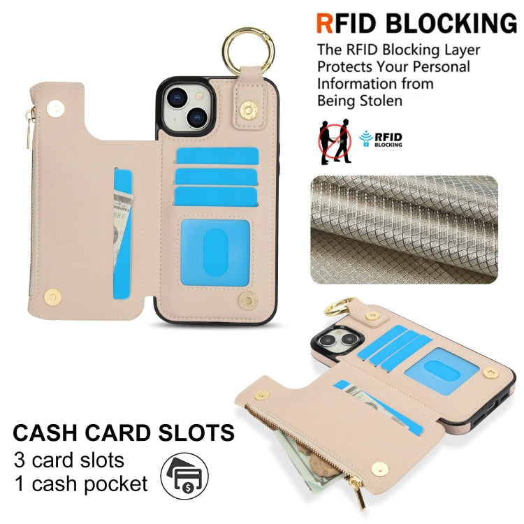 For iPhone 14 Plus RFlD Anti-theft Double Buckle Ring Zipper Card Phone Case(White) - iPhone 14 Plus Cases by buy2fix | Online Shopping UK | buy2fix
