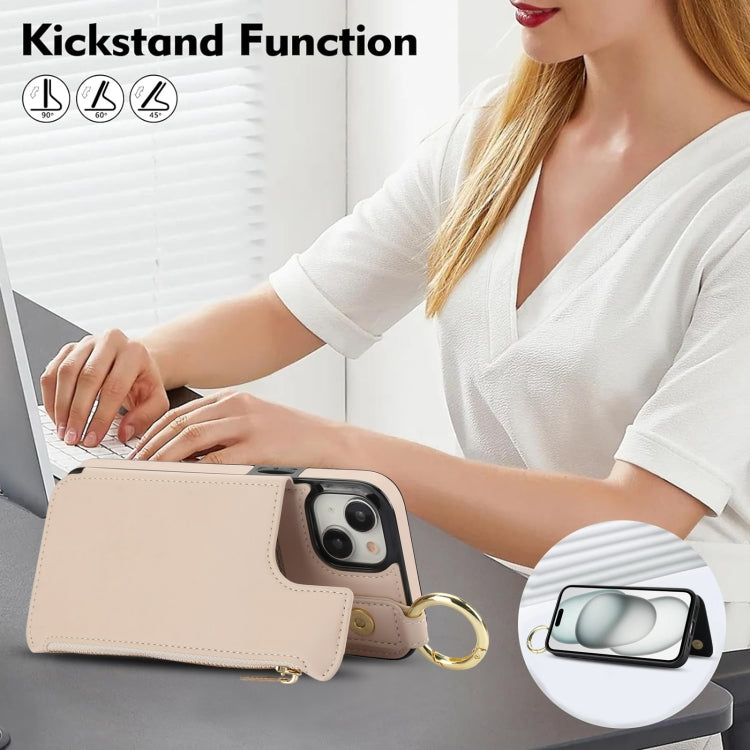 For iPhone 14 Plus RFlD Anti-theft Double Buckle Ring Zipper Card Phone Case(White) - iPhone 14 Plus Cases by buy2fix | Online Shopping UK | buy2fix