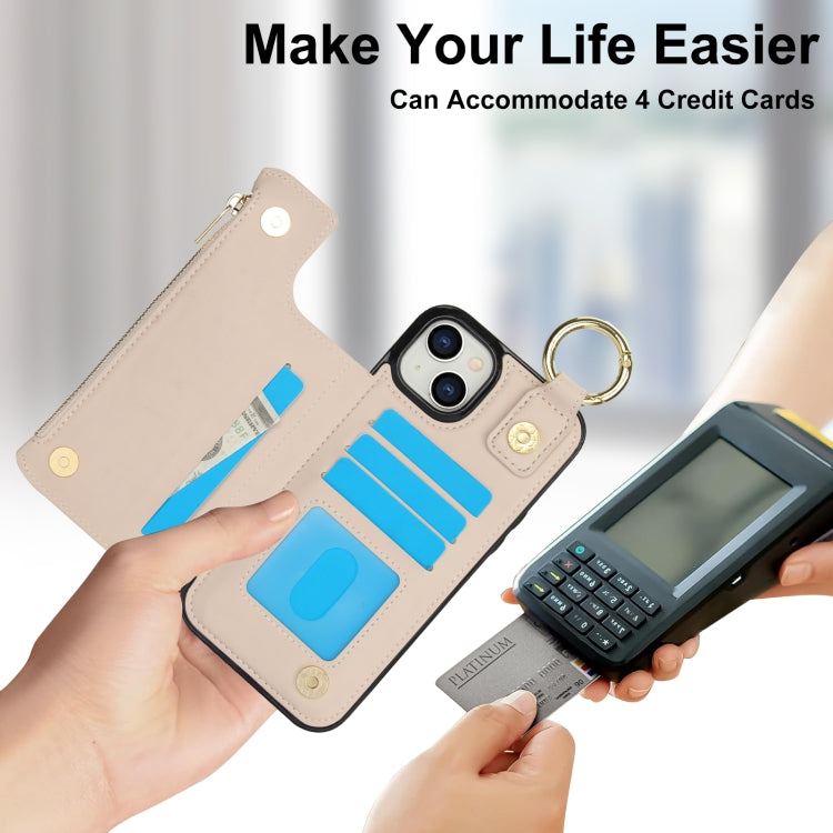 For iPhone 14 Plus RFlD Anti-theft Double Buckle Ring Zipper Card Phone Case(White) - iPhone 14 Plus Cases by buy2fix | Online Shopping UK | buy2fix