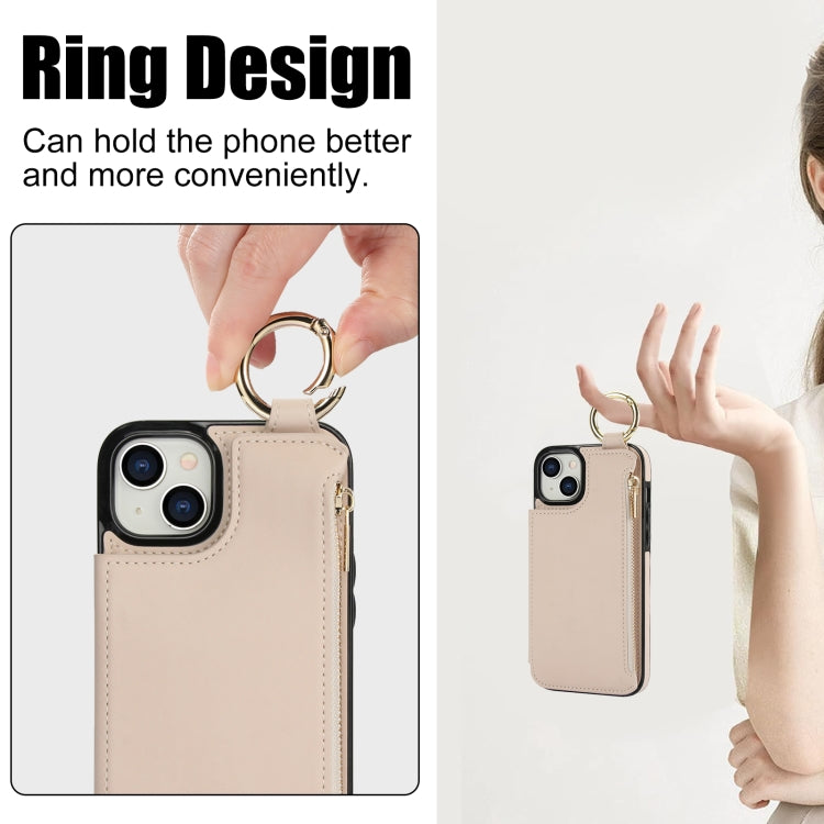 For iPhone 14 Plus RFlD Anti-theft Double Buckle Ring Zipper Card Phone Case(White) - iPhone 14 Plus Cases by buy2fix | Online Shopping UK | buy2fix