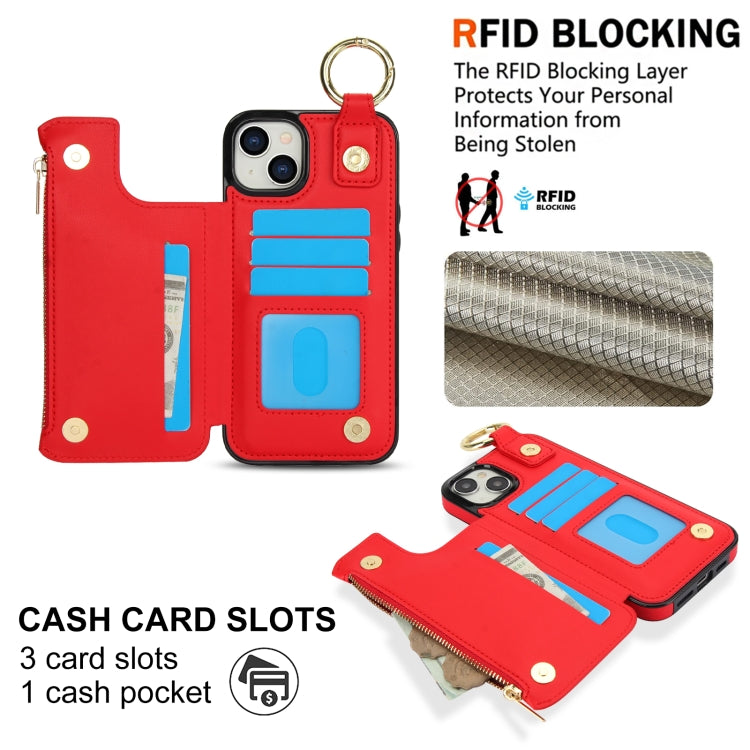 For iPhone 14 Plus RFlD Anti-theft Double Buckle Ring Zipper Card Phone Case(Red) - iPhone 14 Plus Cases by buy2fix | Online Shopping UK | buy2fix