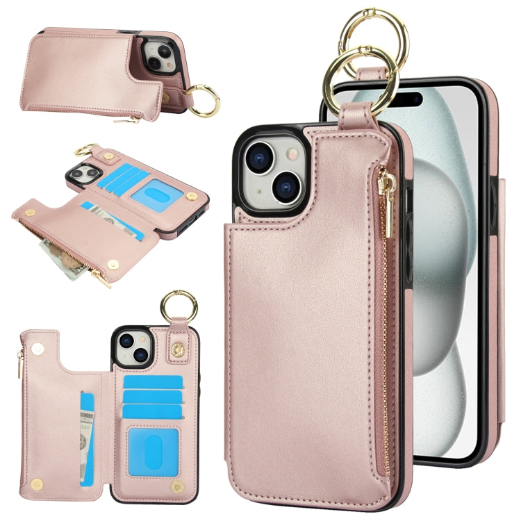 For iPhone 14 Plus RFlD Anti-theft Double Buckle Ring Zipper Card Phone Case(Rose Gold) - iPhone 14 Plus Cases by buy2fix | Online Shopping UK | buy2fix