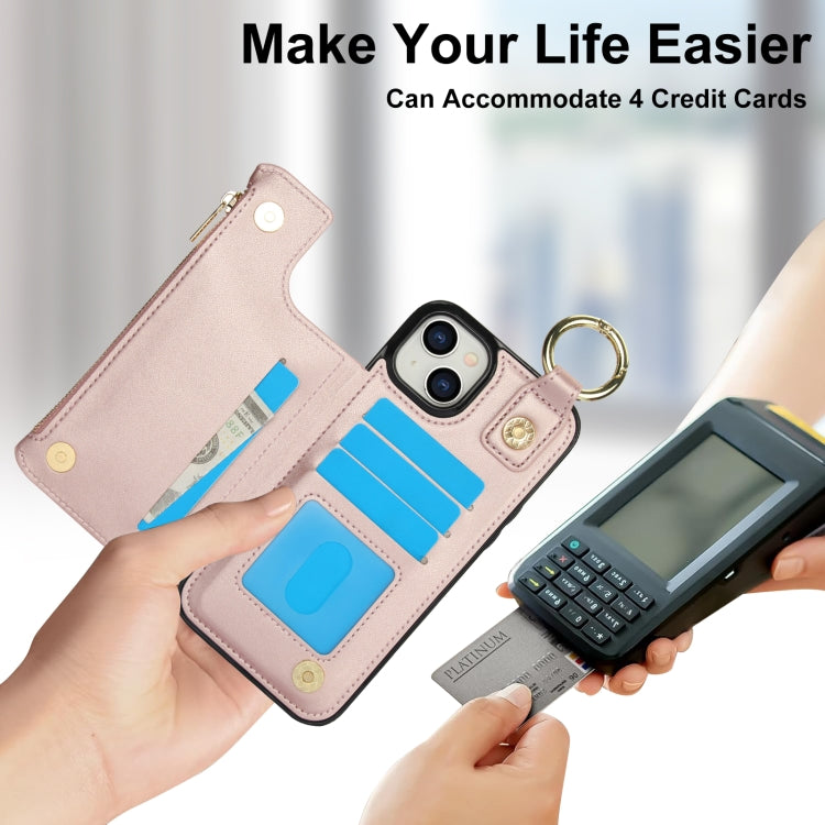 For iPhone 14 Plus RFlD Anti-theft Double Buckle Ring Zipper Card Phone Case(Rose Gold) - iPhone 14 Plus Cases by buy2fix | Online Shopping UK | buy2fix