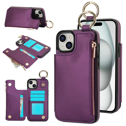 For iPhone 14 Plus RFlD Anti-theft Double Buckle Ring Zipper Card Phone Case(Dark Purple) - iPhone 14 Plus Cases by buy2fix | Online Shopping UK | buy2fix